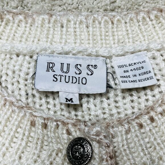 Vintage Russ Studio Crochet Knit Nordic Sweater Cardigan Medium Grandma Pom Pom - Picture 9 of 11